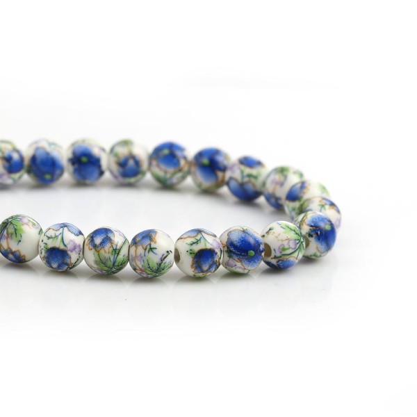 10 Perles Céramique Rondes 8mm Fleurs Bleu- création Bijoux -SC0112565- - Photo n°1