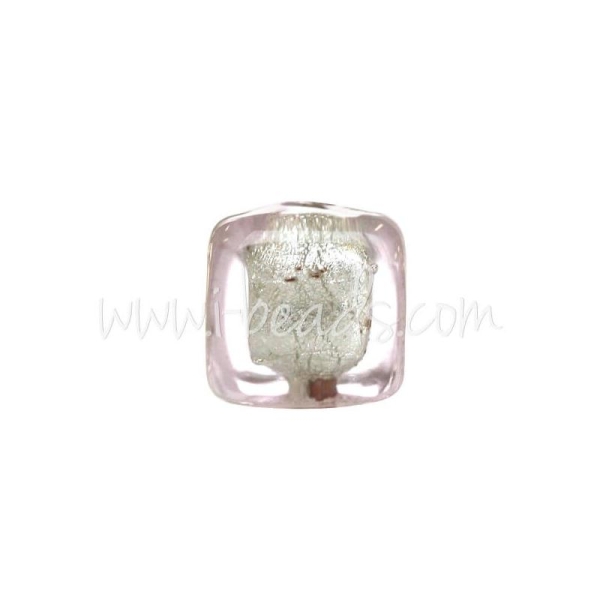 Perle De Murano Cube Cristal Rose Clair Et Argent 6Mm (1) - Photo n°1