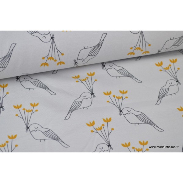 Tissu jersey BIO imprimé oiseaux Moutarde et Gris - Photo n°1