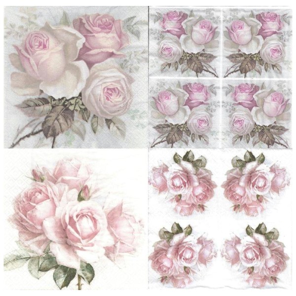 4 Serviettes en papier différentes Roses Vintage Format Lunch - Photo n°1