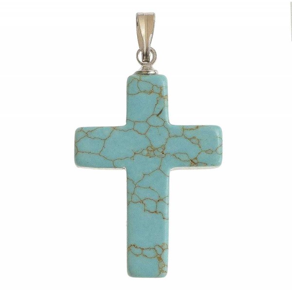 Pendentif croix crucifix en howlite teintée bleu. - Photo n°2