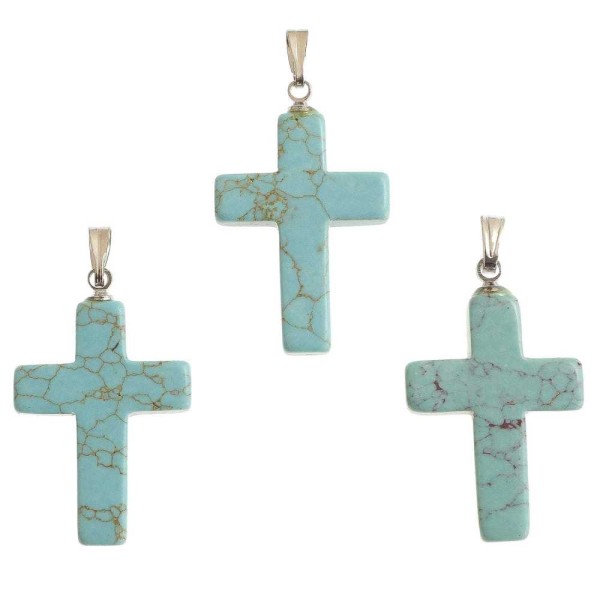 Pendentif croix crucifix en howlite teintée bleu. - Photo n°3