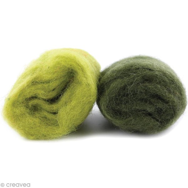 Mini pelotes laine cardée - Vert kiwi et vert olive - 10 g - 2 pcs - Photo n°1