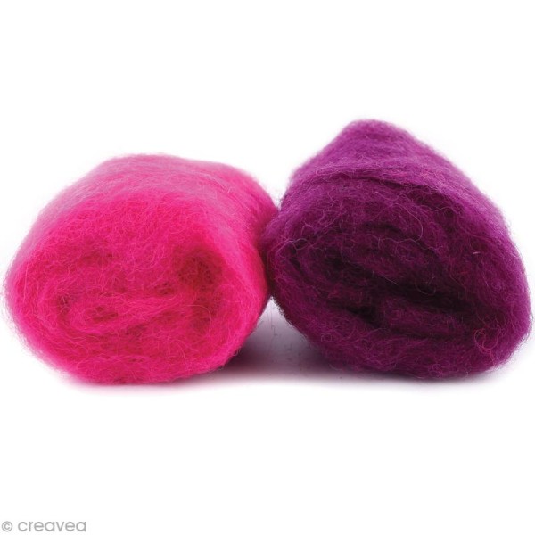 Mini pelotes laine cardée - Rose fuchsia et rose prune - 10 g - 2 pcs - Photo n°1