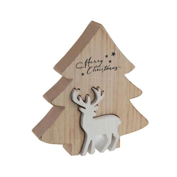 Décor de Noël sapin en bois naturel et son renne blanc 12 cm - Photo n°1