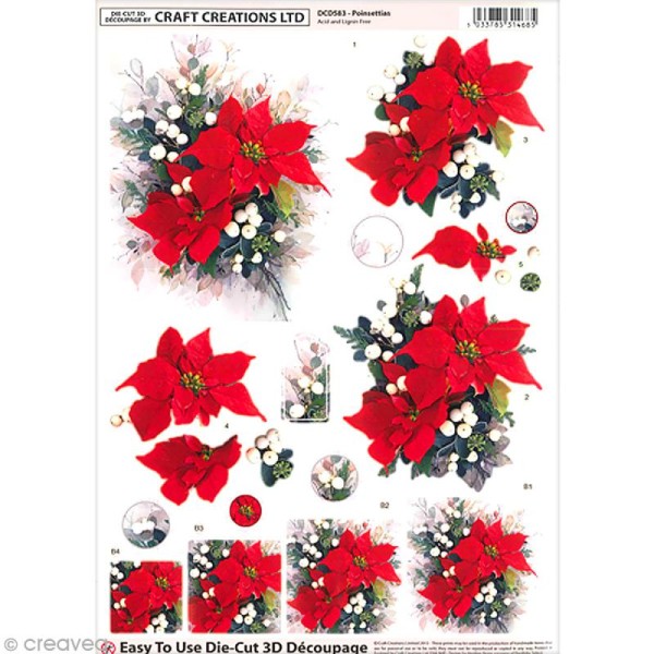 Carte 3D pré-découpée - Roses de Noël - A4 - Photo n°1