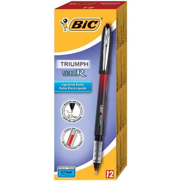 BIC 537R Lot de 12 stylos roller à encre liquide pointe 0,7 mm/capuchon (Rouge) (Import Allemagne) - Photo n°1
