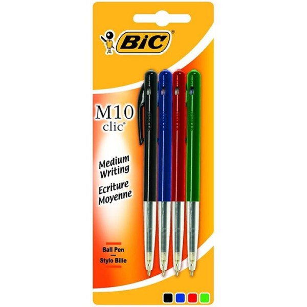 Blister de 4 Stylos Bille (noir, bleu, rouge, vert) Bic M10 Clic Medium Rétractable - Photo n°1