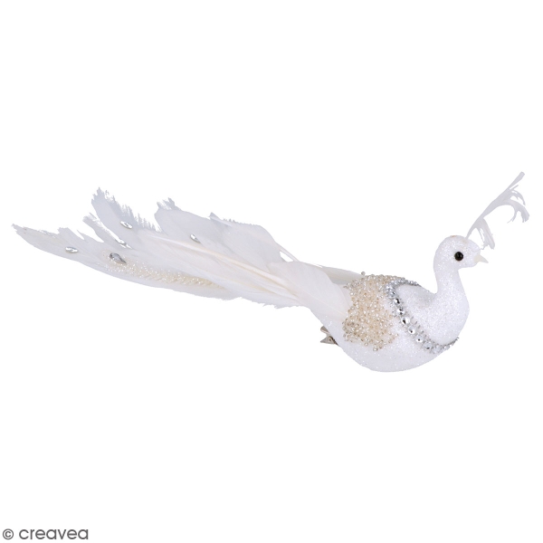 Oiseau décoratif en plume - Paon blanc pailleté - 30 x 10 x 6 cm - Photo n°1