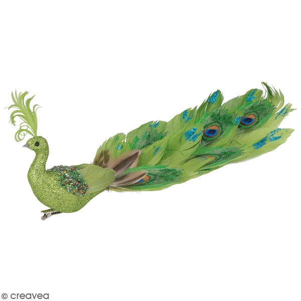 Oiseau décoratif en plume - Paon vert pailleté - 37 x 12 x 5,5 cm - Photo n°1