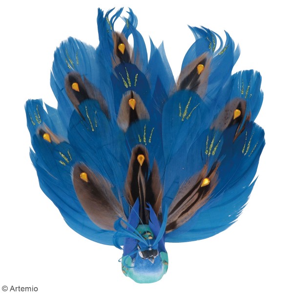 Oiseau décoratif en plume - Petit paon bleu - 4 x 15,5 x 3,5 cm - Photo n°1