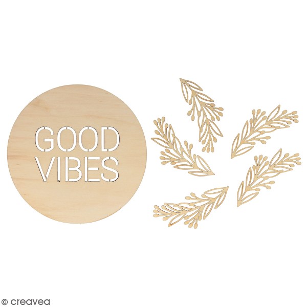 Médaillon en bois à décorer - Good Vibes et feuilles - 20 cm - Photo n°1