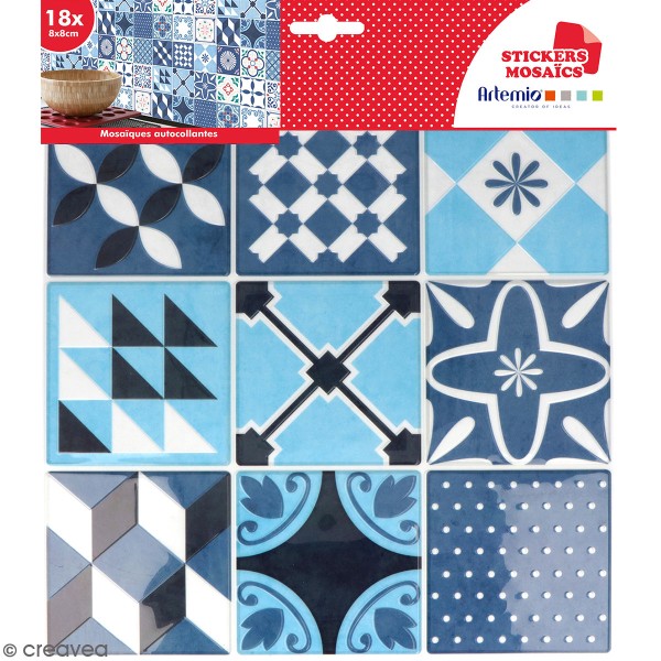 Stickers carreaux de ciment 8 cm - Bleu - 18 carreaux - Photo n°1
