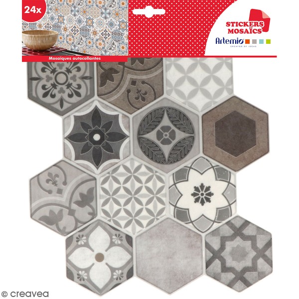 Stickers carreaux de ciment hexagonaux - Gris - 24 carreaux - Photo n°1