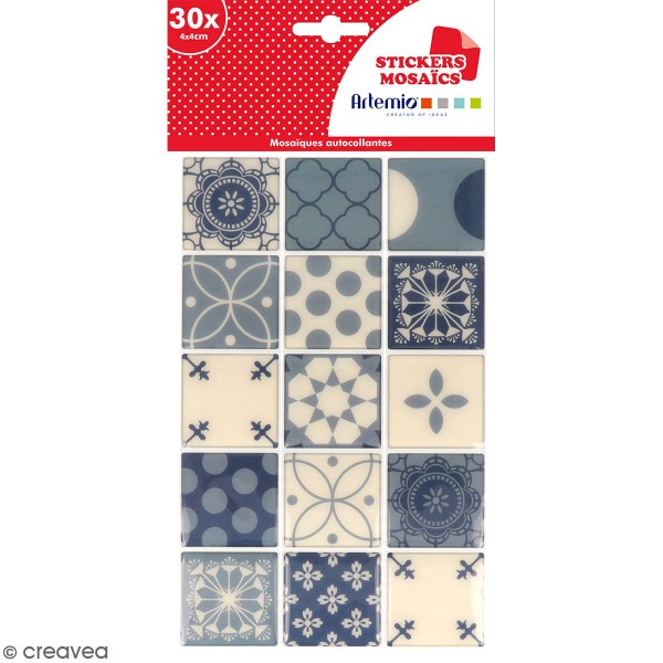 Stickers carreaux de ciment 4 cm - Bleu - 30 carreaux - Photo n°1