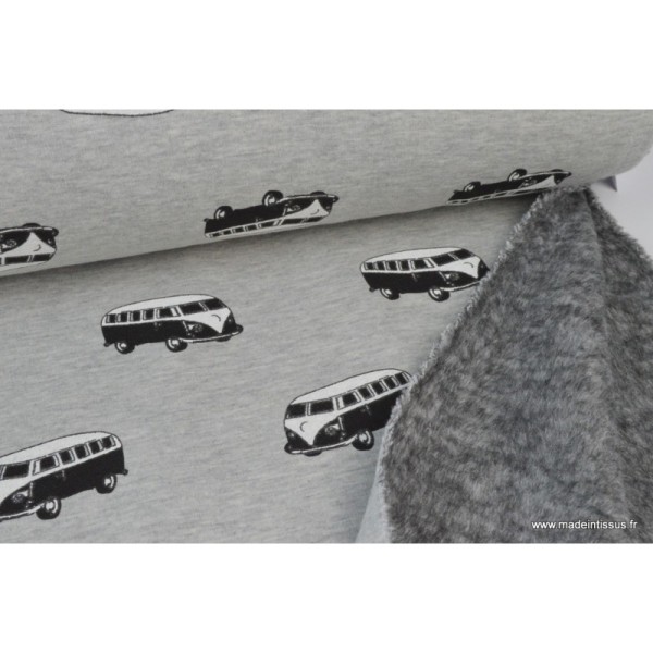 Tissu sweat envers minky Oeko tex imprimé Vans noirs et blancs sur fond gris chiné - Photo n°3