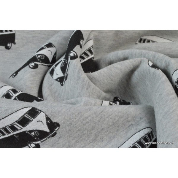 Tissu sweat envers minky Oeko tex imprimé Vans noirs et blancs sur fond gris chiné - Photo n°4