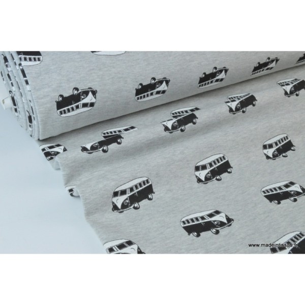 Tissu sweat envers minky Oeko tex imprimé Vans noirs et blancs sur fond gris chiné - Photo n°1