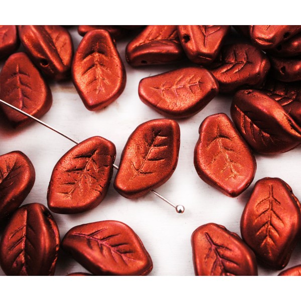 10pcs Mat Métallisé Bronze Feu Rouge Agité Sculpté Plat de Feuilles de Verre tchèque Perles de 9mm x - Photo n°1
