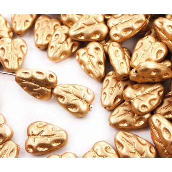 16pcs Mat Métallisé Bronze Pâle de l'Or Plat de Feuilles Sculptées tchèque Perles de Verre 12mm x 7m - Photo n°1