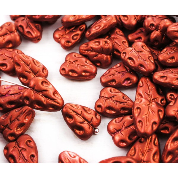 16pcs Mat Métallisé Bronze Feu Rouge Plat de Feuilles Sculptées tchèque Perles de Verre 12mm x 7mm - Photo n°1