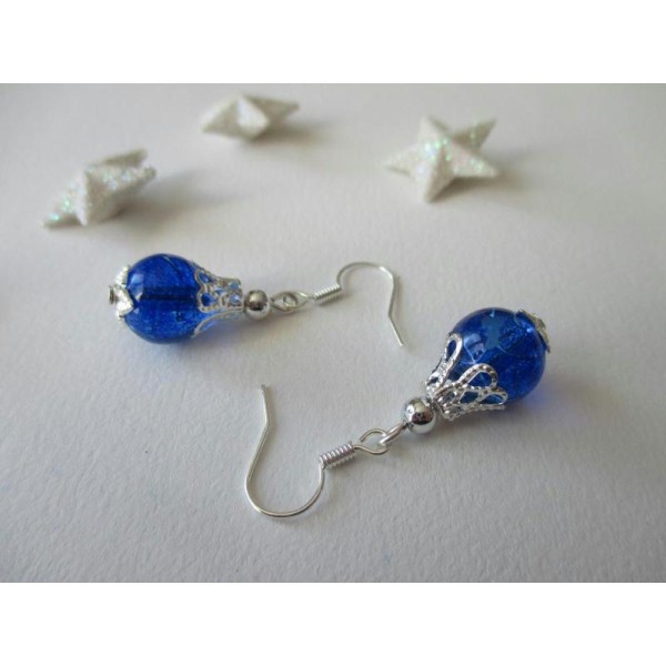 Kit boucles d'oreilles perle bleu nuit et apprêt argenté - Photo n°1