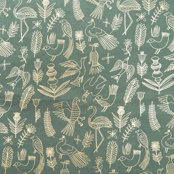 Coupon de Toile coton Made by me - Oiseaux dorés hot foil - Fond vert - 50 x 140 cm - Photo n°1