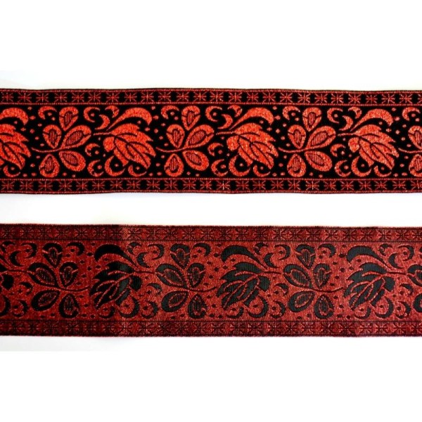 Galon tissé motif floral en noir et rouge 45mm - Photo n°1