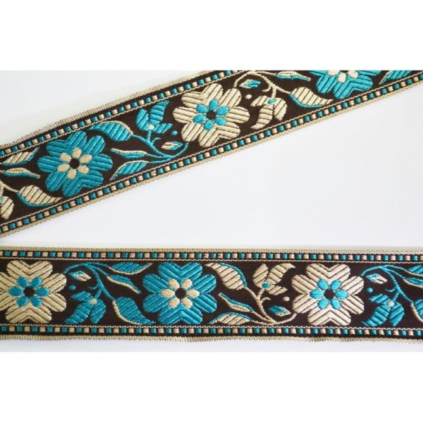 Galon tissé motif floral turquoise et brun 35mm - Photo n°1