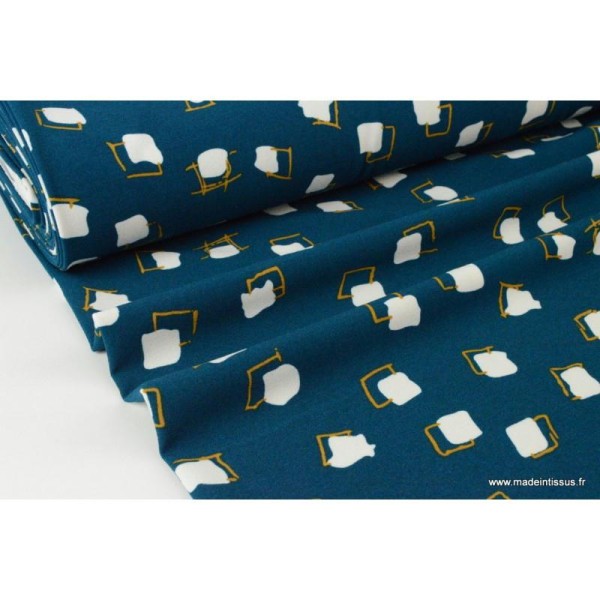 Tissu crêpe stretch lourd imprimé blocs fond bleu pétrole - Photo n°1