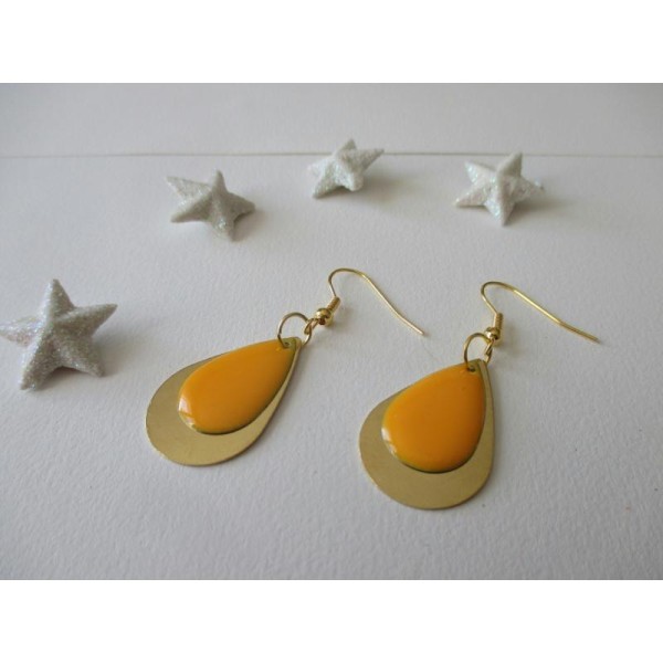 Kit boucles d'oreilles gouttes dorées et sequin orange - Photo n°1