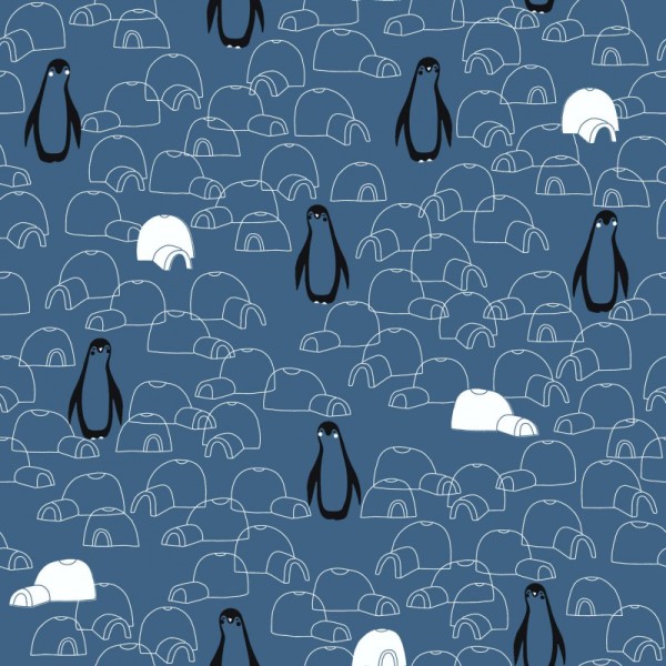 Tissu jersey MOLLETON Oeko tex imprimé pingouins et igloos fond bleu Katia Fabrics - Photo n°1