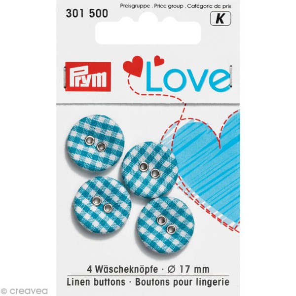 Boutons tissu Prym Love - Bleu - Vichy - 17 mm - 4 pcs - Photo n°1