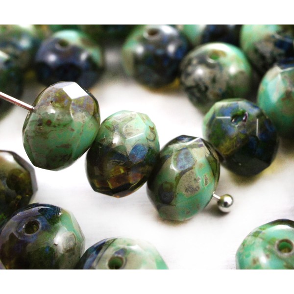 10pcs Picasso Blue Green Mix Plat Rond à Facettes Feu Poli Rondelle Verre tchèque Perles de 9mm x 6m - Photo n°1