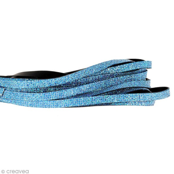 Cordon cuir 10 mm plat à paillettes - Bleu - Au mètre (sur mesure) - Photo n°1