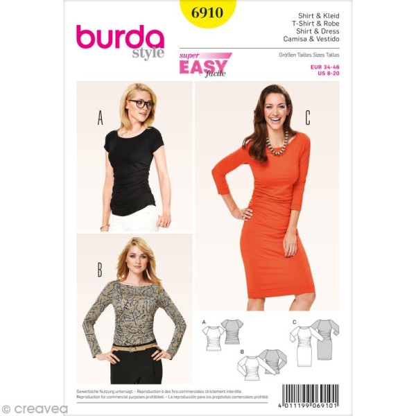 Patron Burda - Femme - Tee-shirt et robe froncés - 6910 - Photo n°1