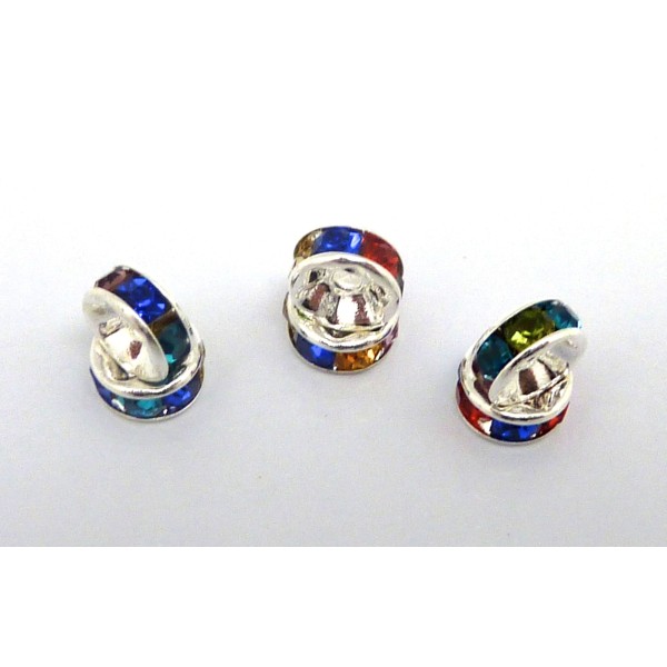 10 Perles Rondelle Strass Multicolore 6mm En Métal Argenté Brillant - Photo n°1