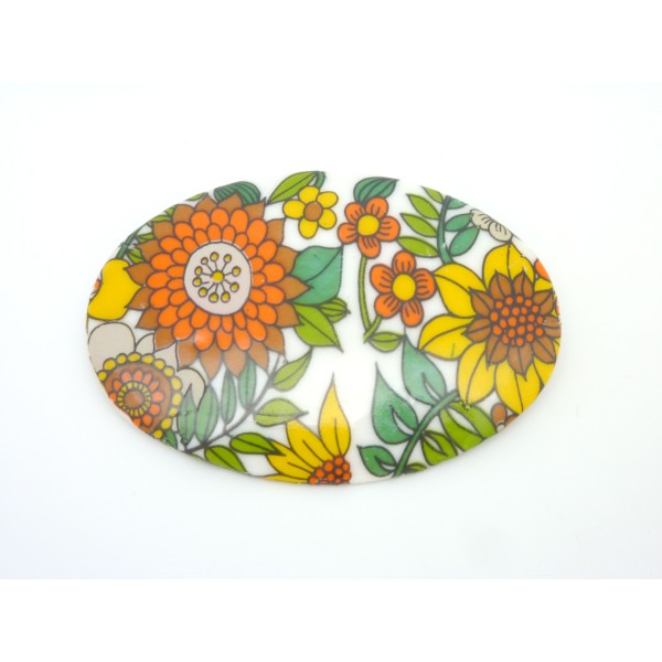 R-cabochon Ovale En Verre, Porcelaine Vintage Motif Fleur Année 60 - Photo n°1