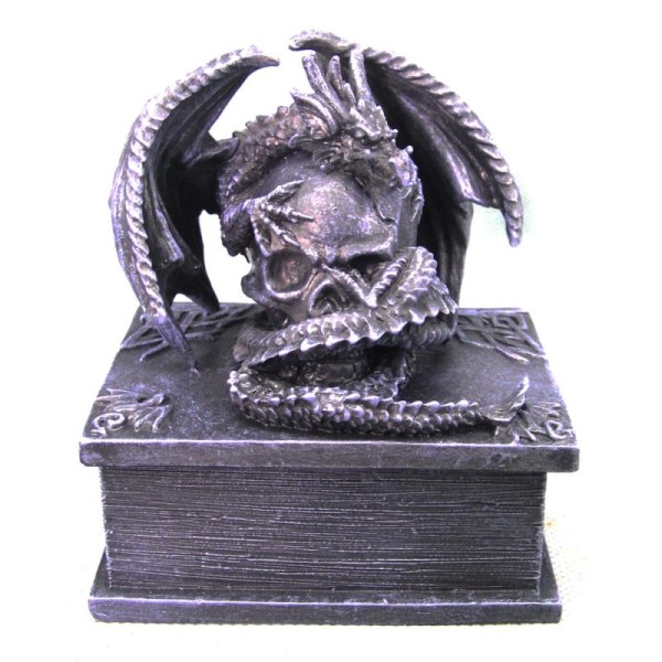 Boîte à bijoux noire avec dragon autour d'un crâne sur un livre - Photo n°1