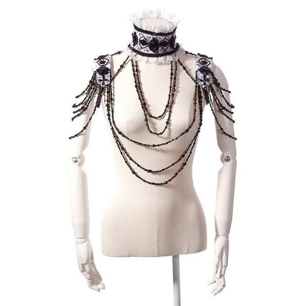 Ras de cou noir et blanc avec pierres, épaulettes et chaînes de perles rqbl - Photo n°1
