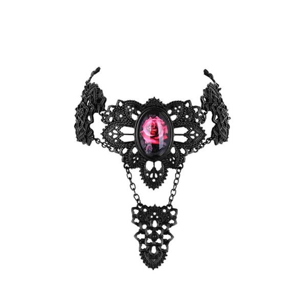 Ras de cou rose rouge avec motif architecture gothique noir, collier - Photo n°1