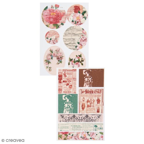 Stickers Vintage - Roses - 2 planches - 13 pcs - Photo n°1