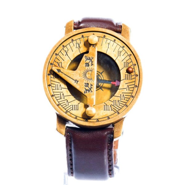 Montre boussole bracelet en cuir marron à cadran solaire doré vintage steampunk - Photo n°1