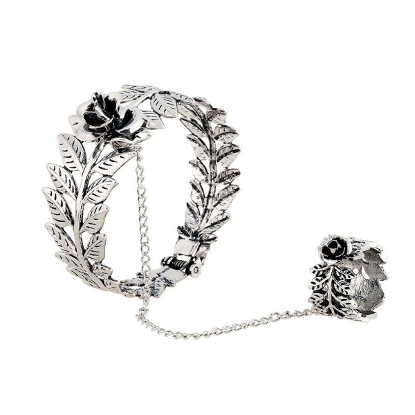 Bracelet bague argenté en forme de lauriers avec rose, boho vintage élégant - Photo n°1