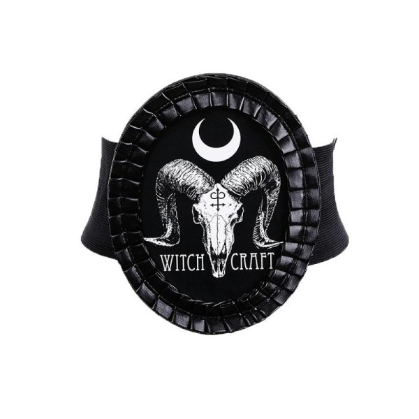 Ceinture serre taille élastique caméo noir witch craft, crâne de bélier et lune, occulte - Photo n°1