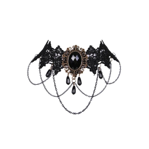Collier broderies avec chaînes et perles noires, gothique romantique 235 - Photo n°1