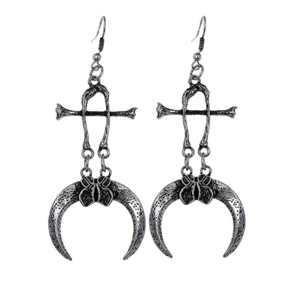 Boucles d'oreilles lune griffes et os en metal argenté, occulte gothique - Photo n°1