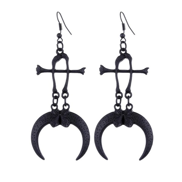 Boucles d'oreilles lune griffes et os en metal noir, occulte gothique - Photo n°1