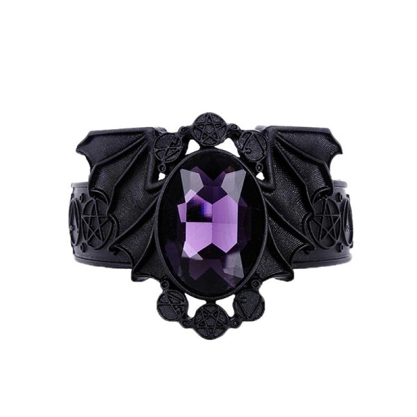 Bracelet ailes de chauve souris noir avec pierre violette et pentacle, gothique occulte - Photo n°1