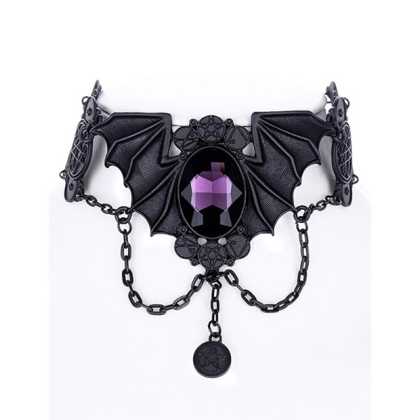 Ras du cou noir chauve souris, pierre violette symboles occultes, sorcière gothique - Photo n°1